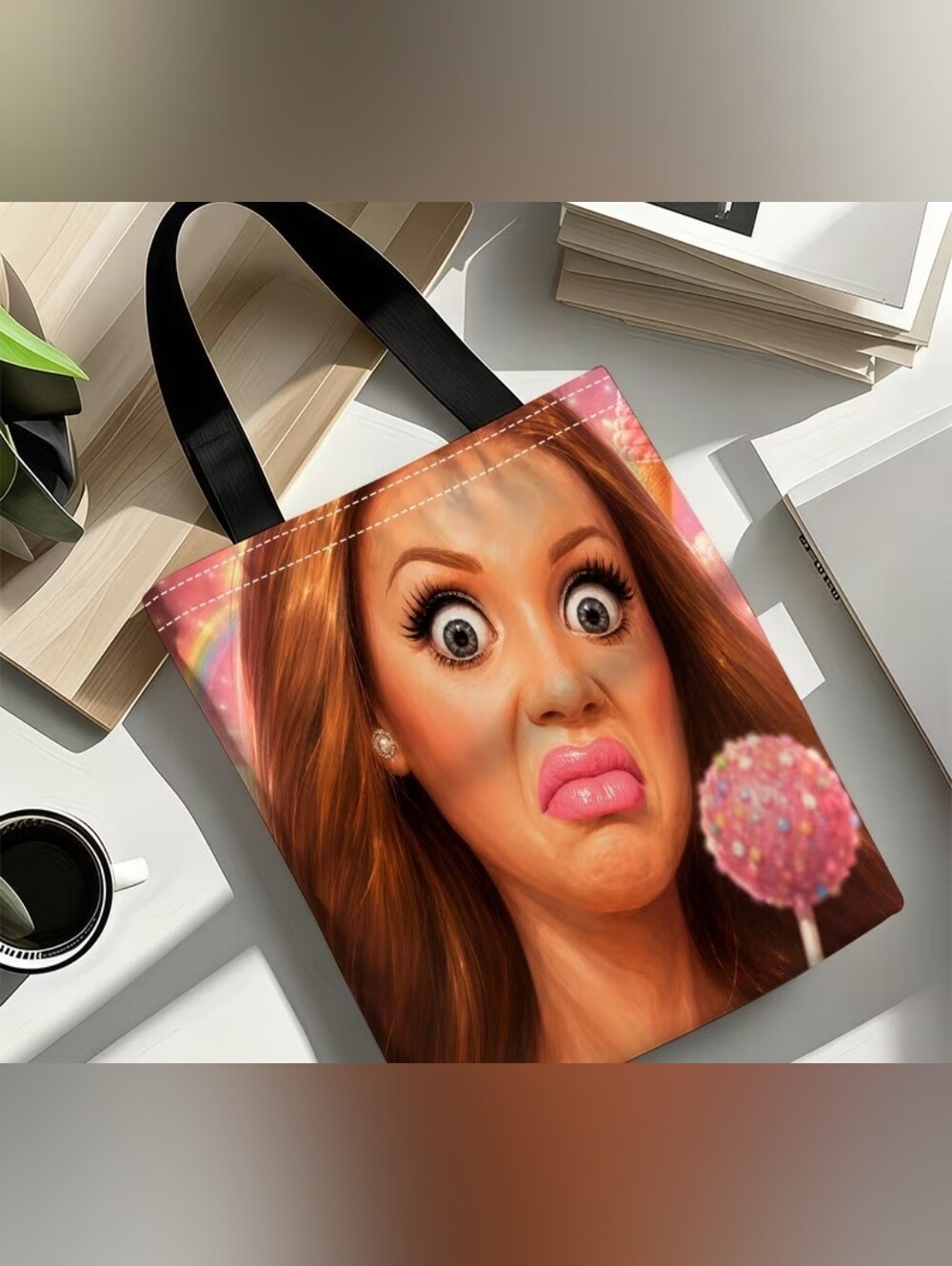 Pink Novelty Face Print Tote Bag